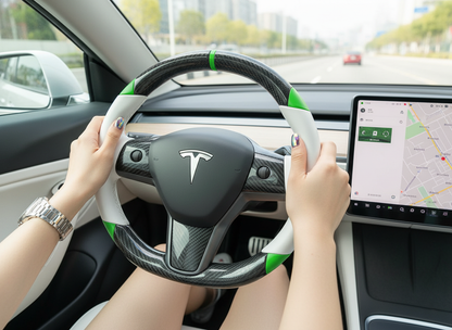 White and green leather black carbon fiber Tesla Model Y steering wheel - DYNA (2020-2024) Axeco