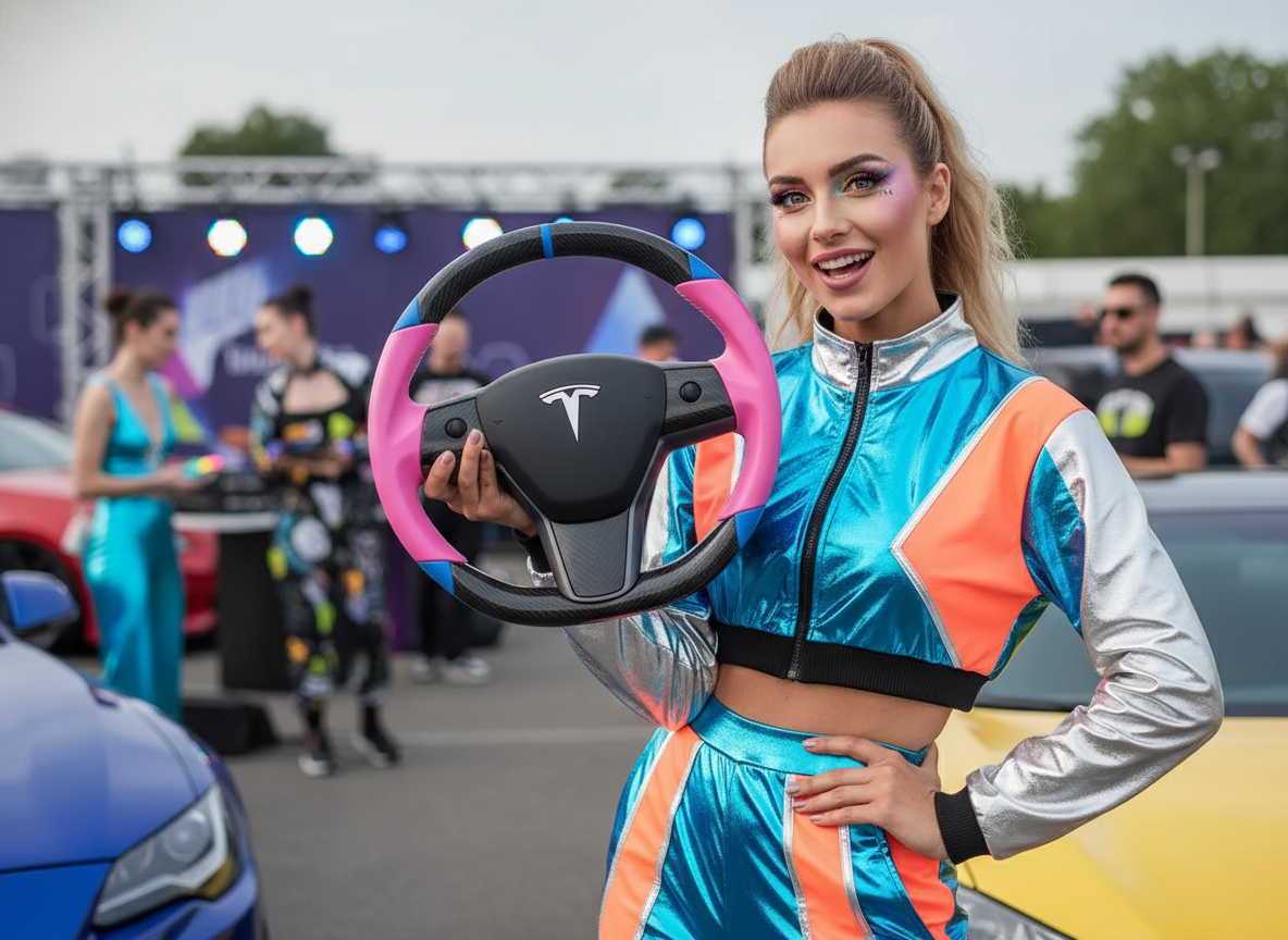 Pink and blue leather black carbon fiber Tesla Model Y steering wheel - DYNA (2020-2024) Axeco