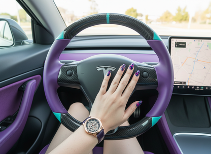 Purple and light blue leather black carbon fiber Tesla Model Y steering wheel - DYNA (2020-2024) Axeco