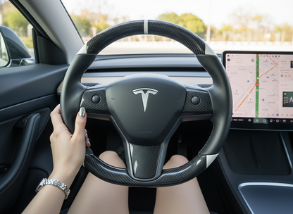 Black and white Carbon Fiber Tesla Model 3 Custom Steering Wheel -DYNA(2017-2023.9) Axeco