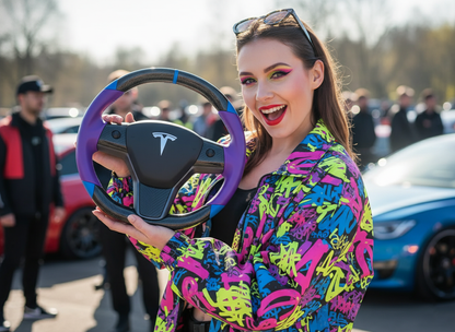 Purple and blue leather black carbon fiber Tesla Model Y steering wheel - DYNA (2020-2024) Axeco