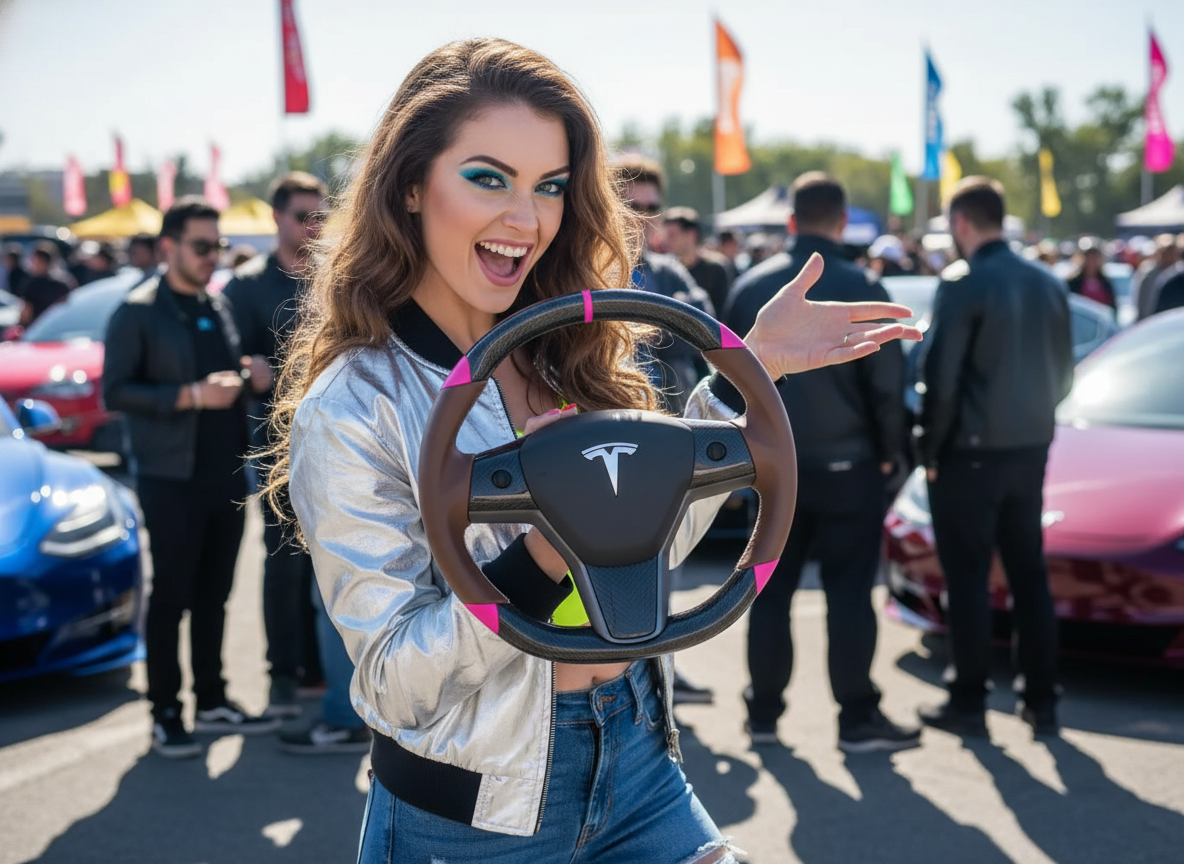 Brown and pink Carbon Fiber Tesla Model 3 Custom Steering Wheel -DYNA(2017-2023.9) Axeco