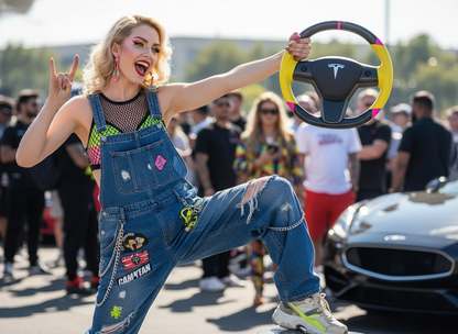 Yellow and pink Carbon Fiber Tesla Model 3 Custom Steering Wheel -DYNA(2017-2023.9) Axeco