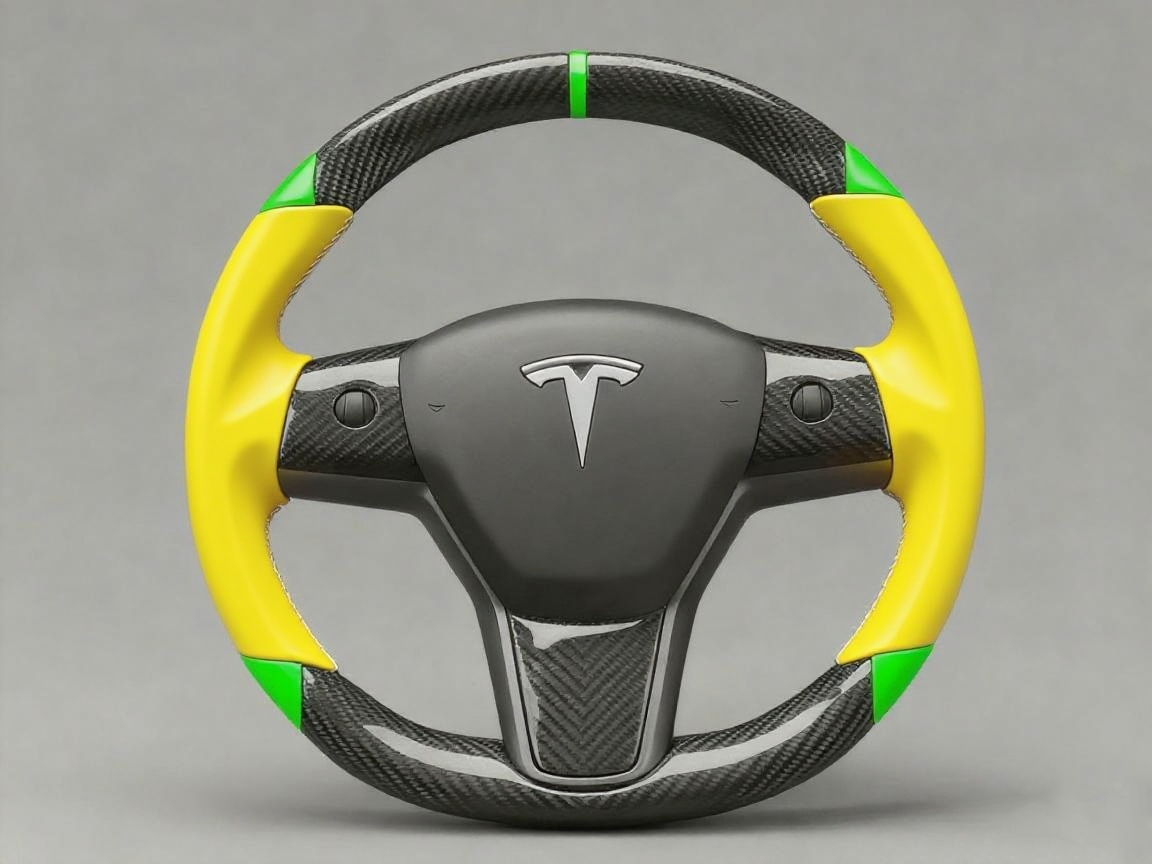 Yellow and green leather black carbon fiber Tesla Model Y steering wheel - DYNA (2020-2024) Axeco