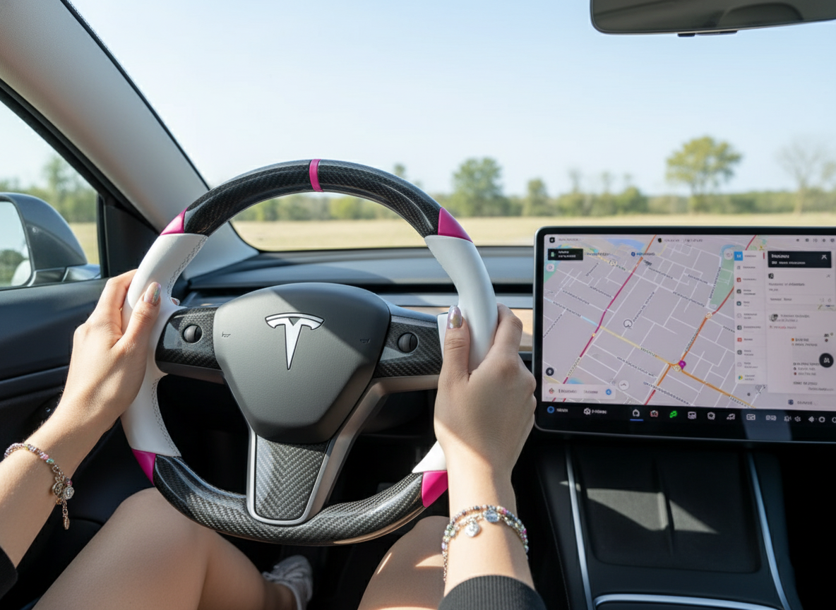 White and pink Carbon Fiber Tesla Model 3 Custom Steering Wheel -DYNA(2017-2023.9) Axeco