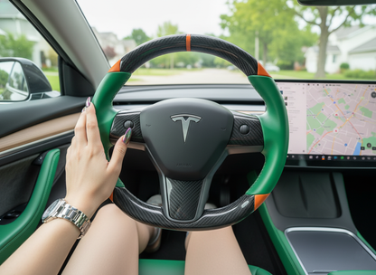 Green and orange Carbon Fiber Tesla Model 3 Custom Steering Wheel -DYNA(2017-2023.9) Axeco