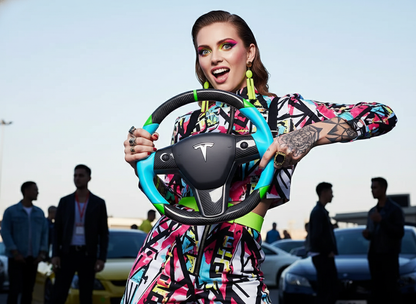 Blue and green leather black carbon fiber Tesla Model Y steering wheel - DYNA (2020-2024) Axeco