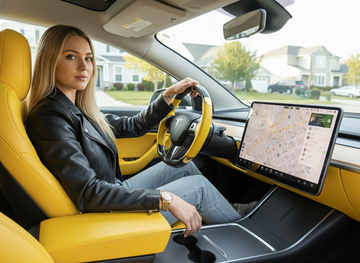 Yellow and gold leather black carbon fiber Tesla Model Y steering wheel - DYNA (2020-2024) Axeco