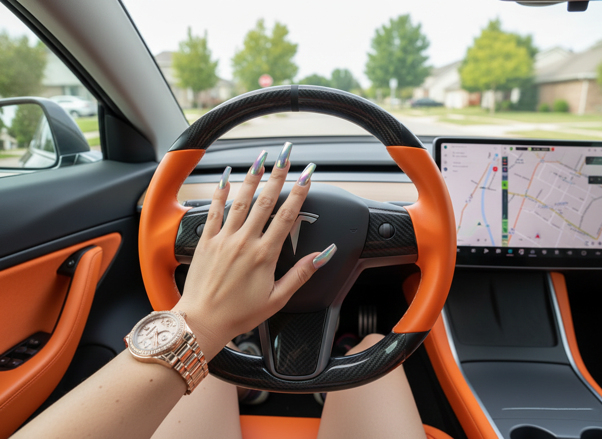 Orange and black leather black carbon fiber Tesla Model Y steering wheel - DYNA (2020-2024) Axeco