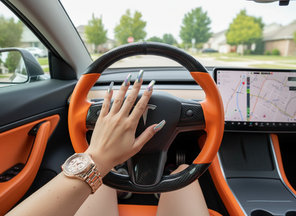 Orange and black leather black carbon fiber Tesla Model Y steering wheel - DYNA (2020-2024) Axeco