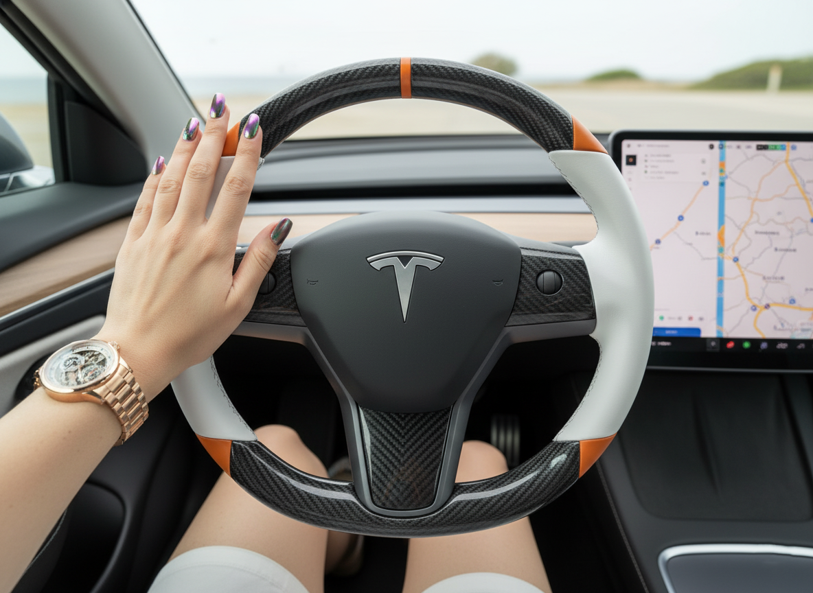 White and orange Carbon Fiber Tesla Model 3 Custom Steering Wheel -DYNA(2017-2023.9) Axeco