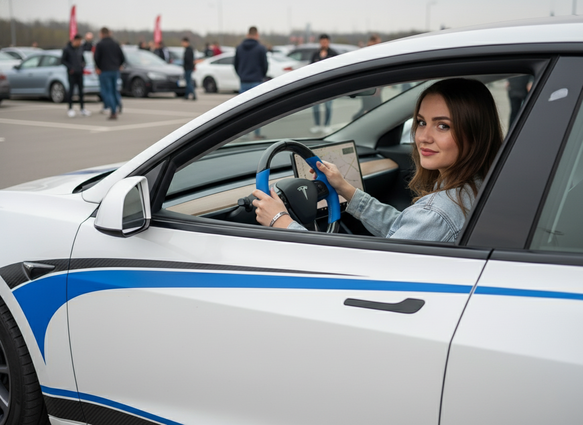 Blue and Black leather black carbon fiber Tesla Model Y steering wheel - DYNA (2020-2024) Axeco