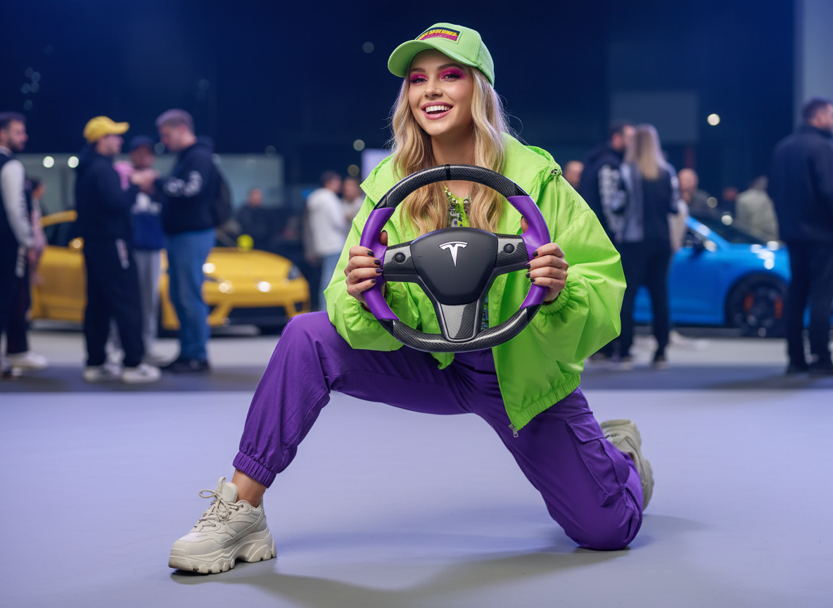 Purple and black leather black carbon fiber Tesla Model Y steering wheel - DYNA (2020-2024) Axeco