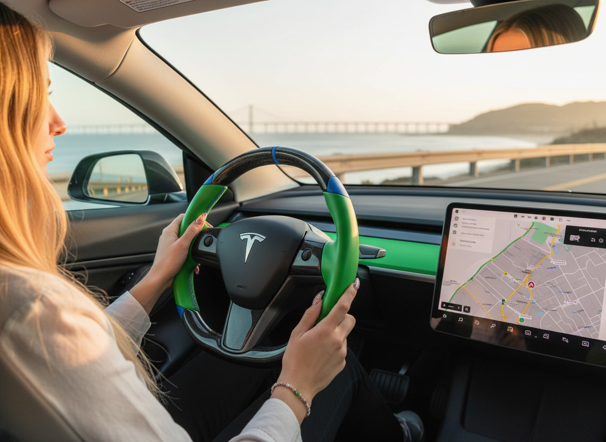 Green and blue leather black carbon fiber Tesla Model Y steering wheel - DYNA (2020-2024) Axeco