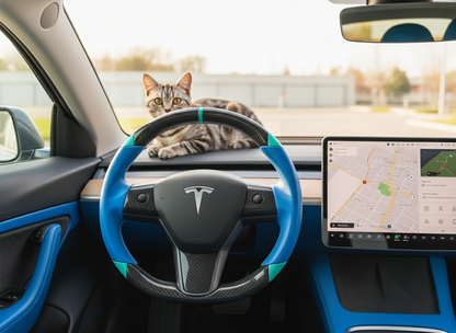 Blue and light blue leather black carbon fiber Tesla Model Y steering wheel - DYNA (2020-2024) Axeco