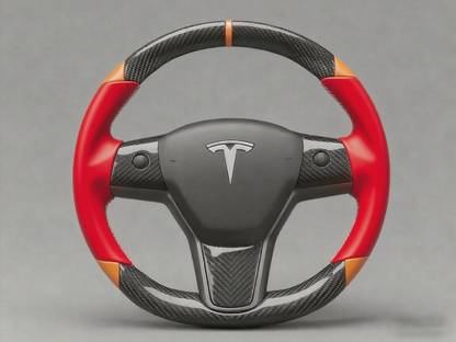 Red and orange Carbon Fiber Tesla Model 3 Custom Steering Wheel -DYNA(2017-2023.9) Axeco