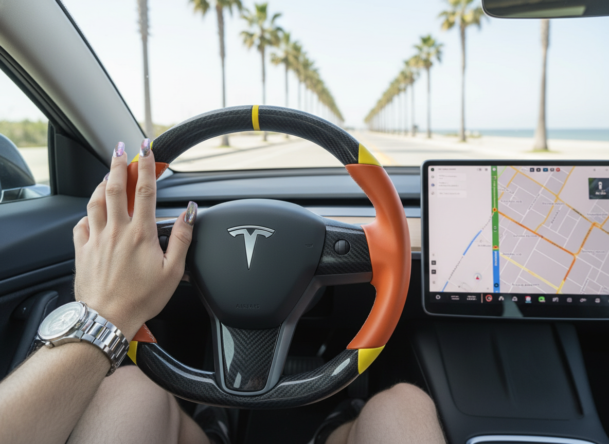 Orange and yellow Carbon Fiber Tesla Model 3 Custom Steering Wheel -DYNA(2017-2023.9) Axeco