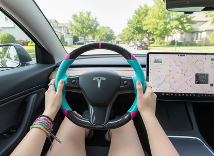Light blue and pink Carbon Fiber Tesla Model 3 Custom Steering Wheel -DYNA(2017-2023.9) Axeco