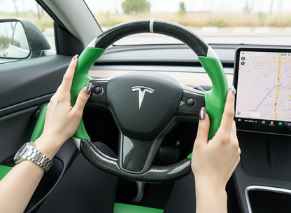 Green and white Carbon Fiber Tesla Model 3 Custom Steering Wheel -DYNA(2017-2023.9) Axeco