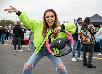 Pink and white Carbon Fiber Tesla Model 3 Custom Steering Wheel -DYNA(2017-2023.9) Axeco