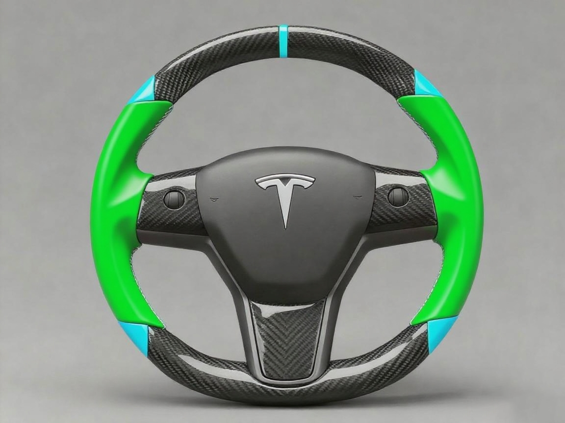 Green and light blue leather black carbon fiber Tesla Model Y steering wheel - DYNA (2020-2024) Axeco