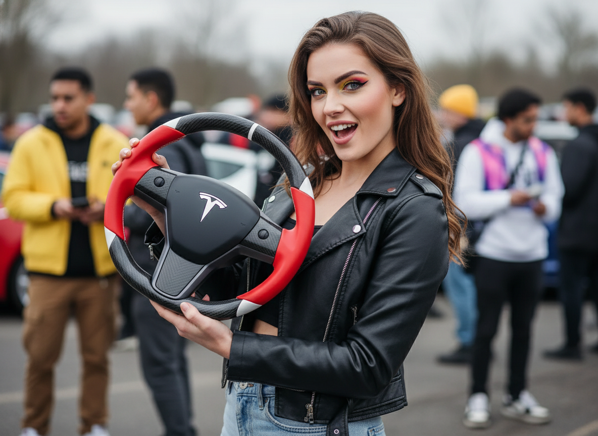 Red and white Carbon Fiber Tesla Model 3 Custom Steering Wheel -DYNA(2017-2023.9) Axeco