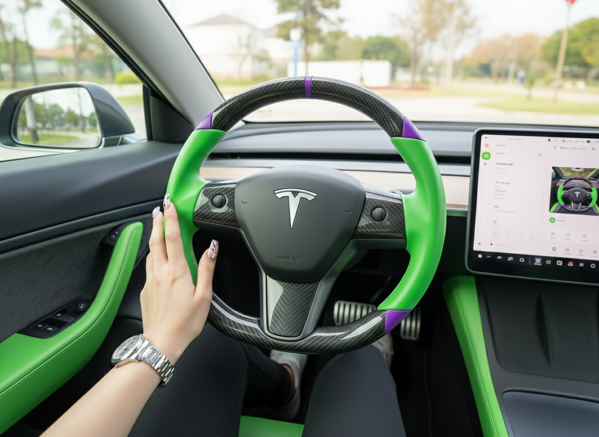 Green and purple leather black carbon fiber Tesla Model Y steering wheel - DYNA (2020-2024) Axeco