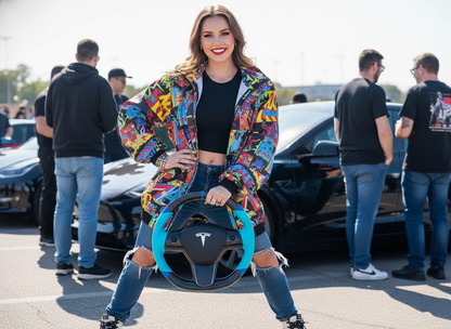 light blue leather black carbon fiber Tesla Model Y steering wheel - DYNA (2020-2024) Axeco