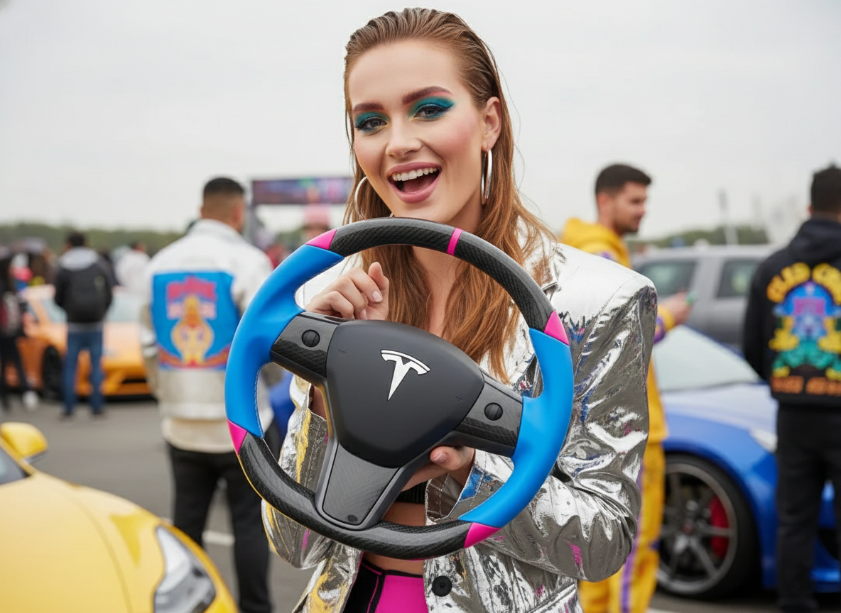 Blue and pink Carbon Fiber Tesla Model 3 Custom Steering Wheel -DYNA(2017-2023.9) Axeco