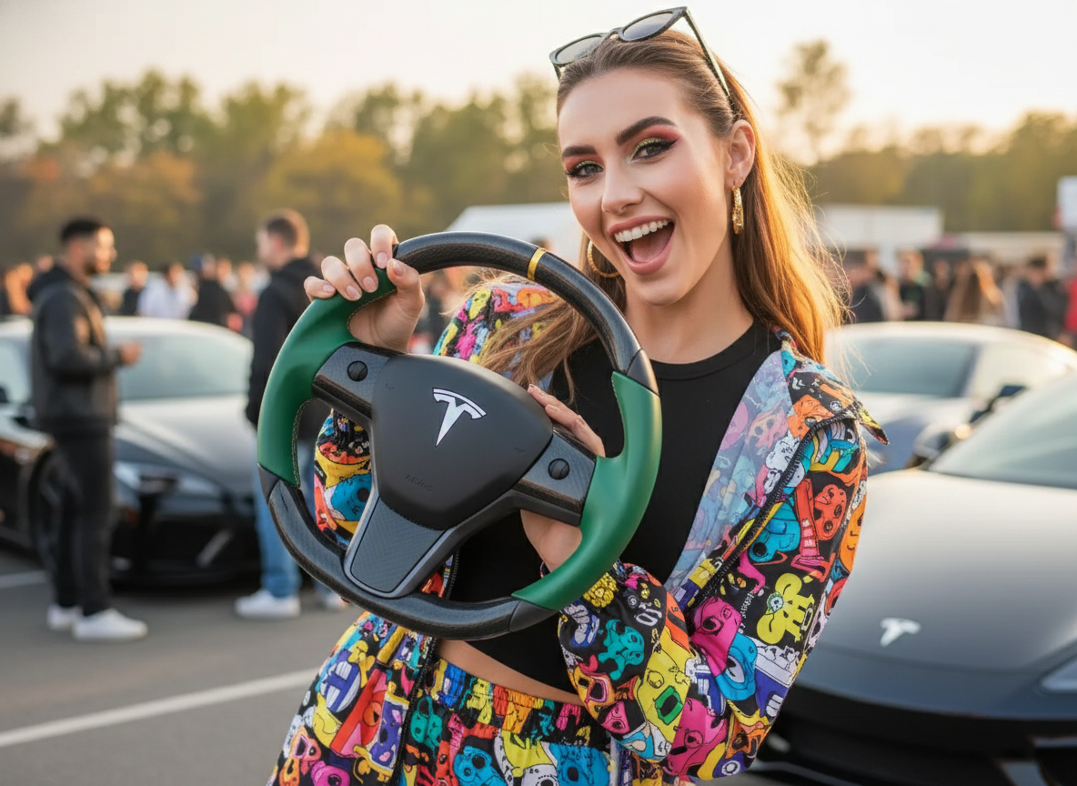 Green and black Carbon Fiber Tesla Model 3 Steering Wheel -DYNA(2017-2023.9) Axeco