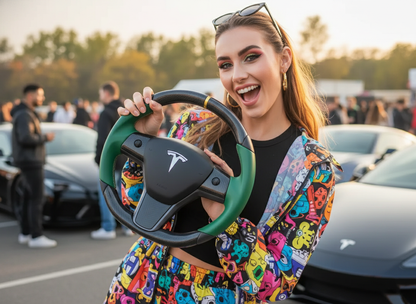 Green and black Carbon Fiber Tesla Model 3 Steering Wheel -DYNA(2017-2023.9) Axeco