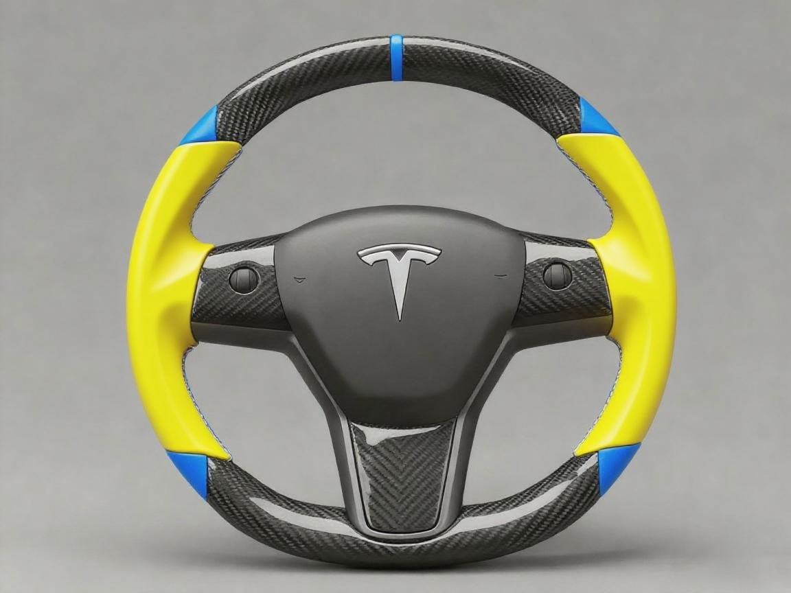 Yellow and blue leather black carbon fiber Tesla Model Y steering wheel - DYNA (2020-2024) Axeco