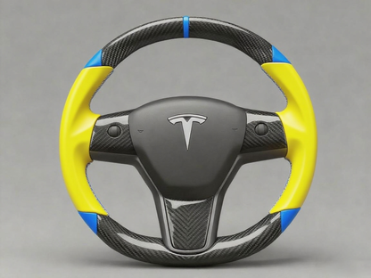 Yellow and blue leather black carbon fiber Tesla Model Y steering wheel - DYNA (2020-2024) Axeco