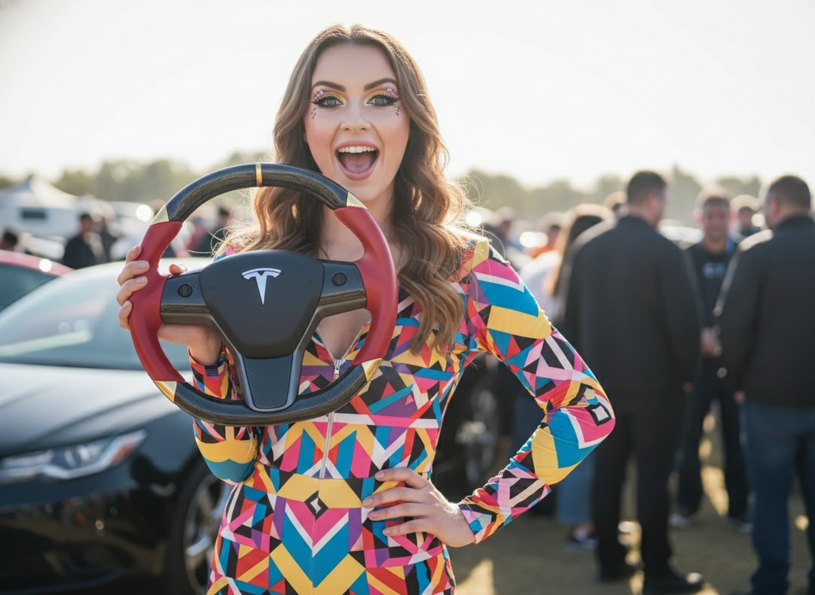 Red-Golden Carbon Fiber Tesla Model 3 Steering Wheel -DYNA(2017-2023.9) Axeco