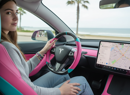 Pink and light blue leather black carbon fiber Tesla Model Y steering wheel - DYNA (2020-2024) Axeco
