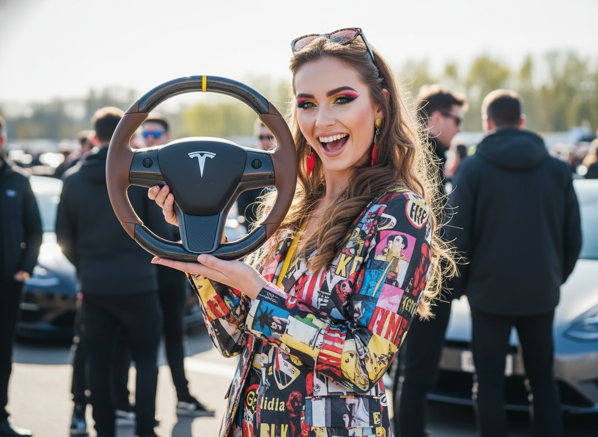 Yellow-Brown Carbon Fiber Tesla Model 3 Steering Wheel - DYNA (2017-2023.8) Axeco