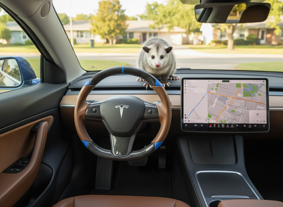 Brown and blue leather black carbon fiber Tesla Model Y steering wheel - DYNA (2020-2024) Axeco