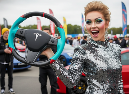Mint green and red Carbon Fiber Tesla Model 3 Custom Steering Wheel -DYNA(2017-2023.9) Axeco
