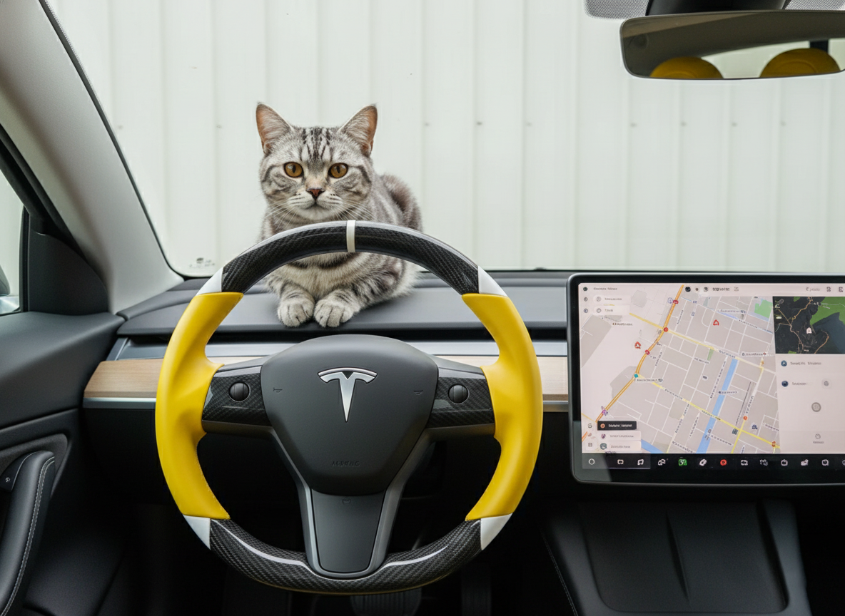 Yellow and white Carbon Fiber Tesla Model 3 Custom Steering Wheel -DYNA(2017-2023.9) Axeco