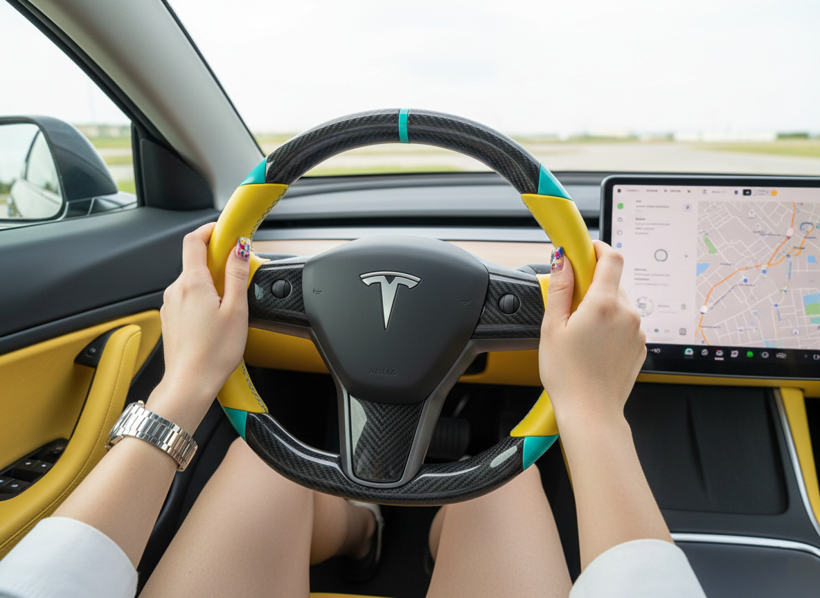 Yellow and light blue leather black carbon fiber Tesla Model Y steering wheel - DYNA (2020-2024) Axeco