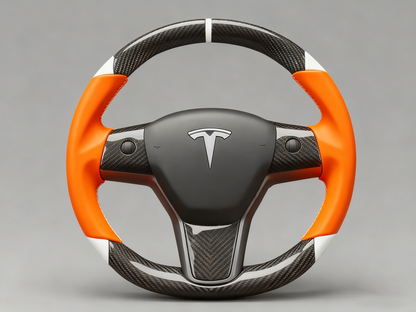 Orange and white Carbon Fiber Tesla Model 3 Custom Steering Wheel -DYNA(2017-2023.9) Axeco