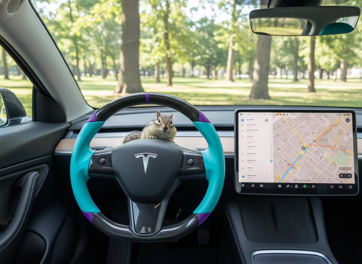 Light blue and purple leather black carbon fiber Tesla Model Y steering wheel - DYNA (2020-2024) Axeco