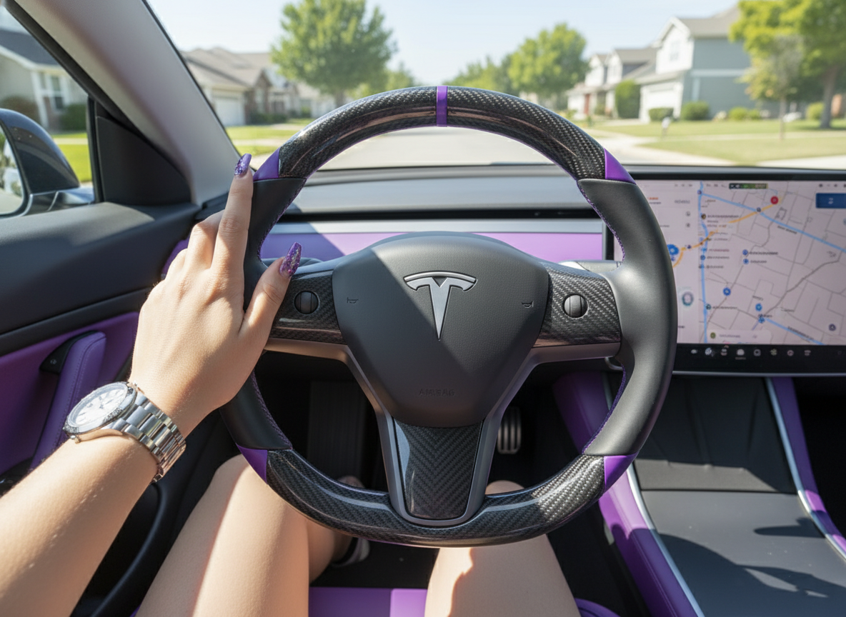 Black and purple leather black carbon fiber Tesla Model Y steering wheel - DYNA (2020-2024) Axeco