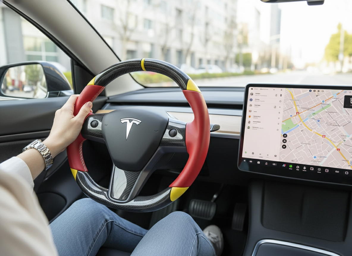 Red and yellow Carbon Fiber Tesla Model 3 Custom Steering Wheel -DYNA(2017-2023.9) Axeco