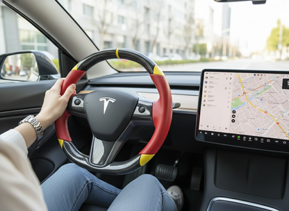 Red and yellow Carbon Fiber Tesla Model 3 Custom Steering Wheel -DYNA(2017-2023.9) Axeco