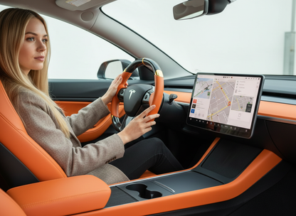 Orange and gold leather black carbon fiber Tesla Model Y steering wheel - DYNA (2020-2024) Axeco