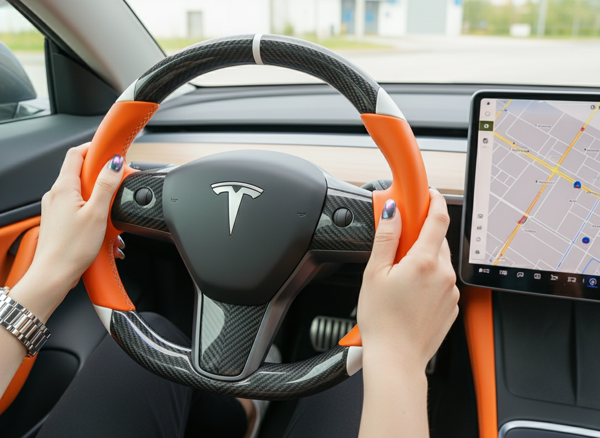 Orange and white Carbon Fiber Tesla Model 3 Custom Steering Wheel -DYNA(2017-2023.9) Axeco