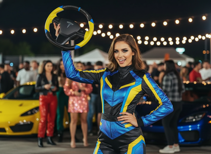 Yellow and blue leather black carbon fiber Tesla Model Y steering wheel - DYNA (2020-2024) Axeco