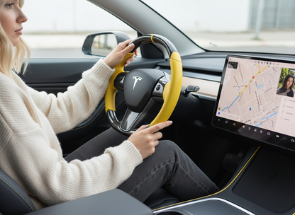Black and Yellow Carbon Fiber  Leather Tesla Model 3 Steering Wheel - DYNA (2017 - 2023.8) Axeco