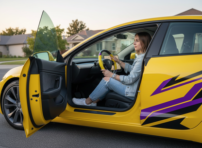 Yellow and purple leather black carbon fiber Tesla Model Y steering wheel - DYNA (2020-2024) Axeco